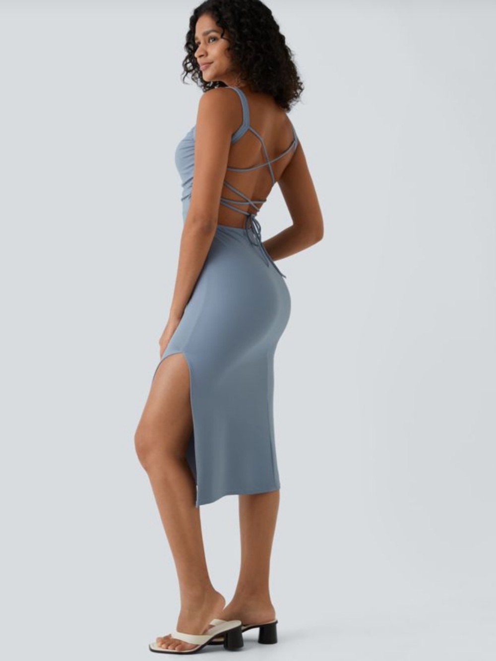 Halara SoftlyZero Airy Ruched Lace Up Bodycon Midi Casual Dress NWT